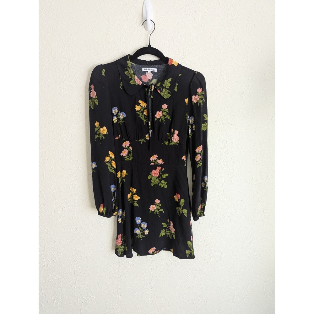 Reformation Will mini dress size 4 black floral‎ long sleeve keyhole - Picture 3 of 8